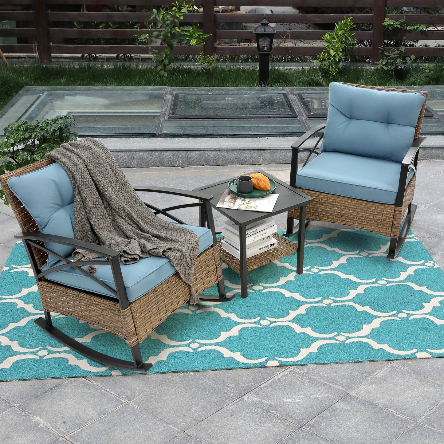 Stearns 3 Pc Rocking Rattan Set - Blue