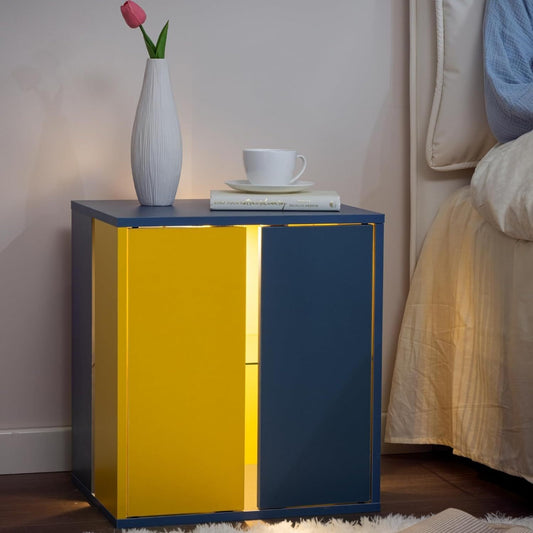 Quest LED  Nightstand with Glass Shelves -Blue+Yellow