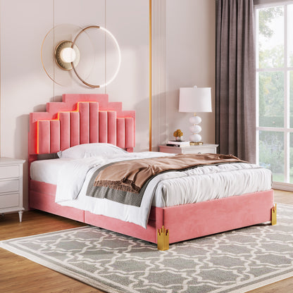 Neco Full Size Platform Bed with LED and 4 Drawers - Pink