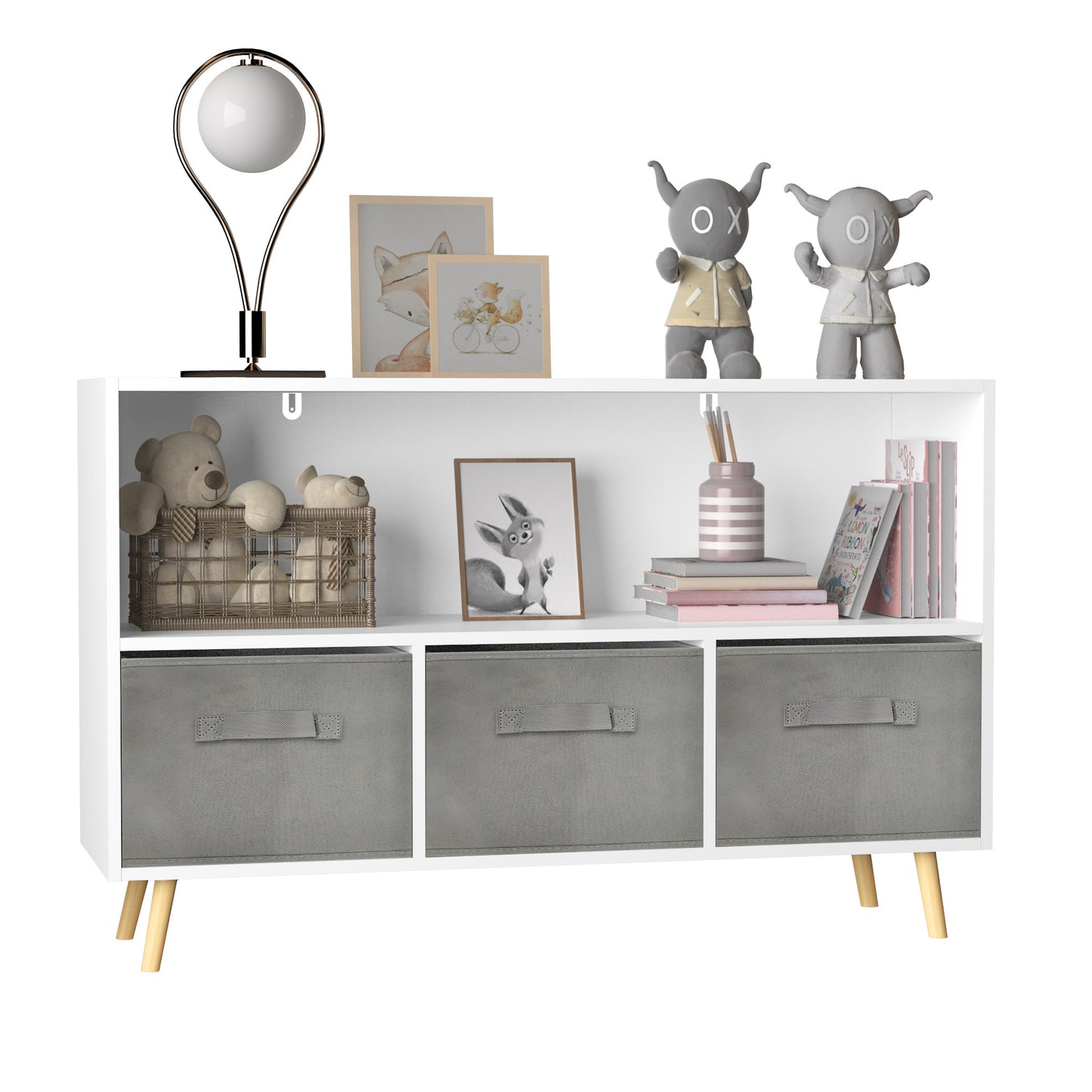 Kids bookcase with Collapsible Fabric Drawers - White+Gray