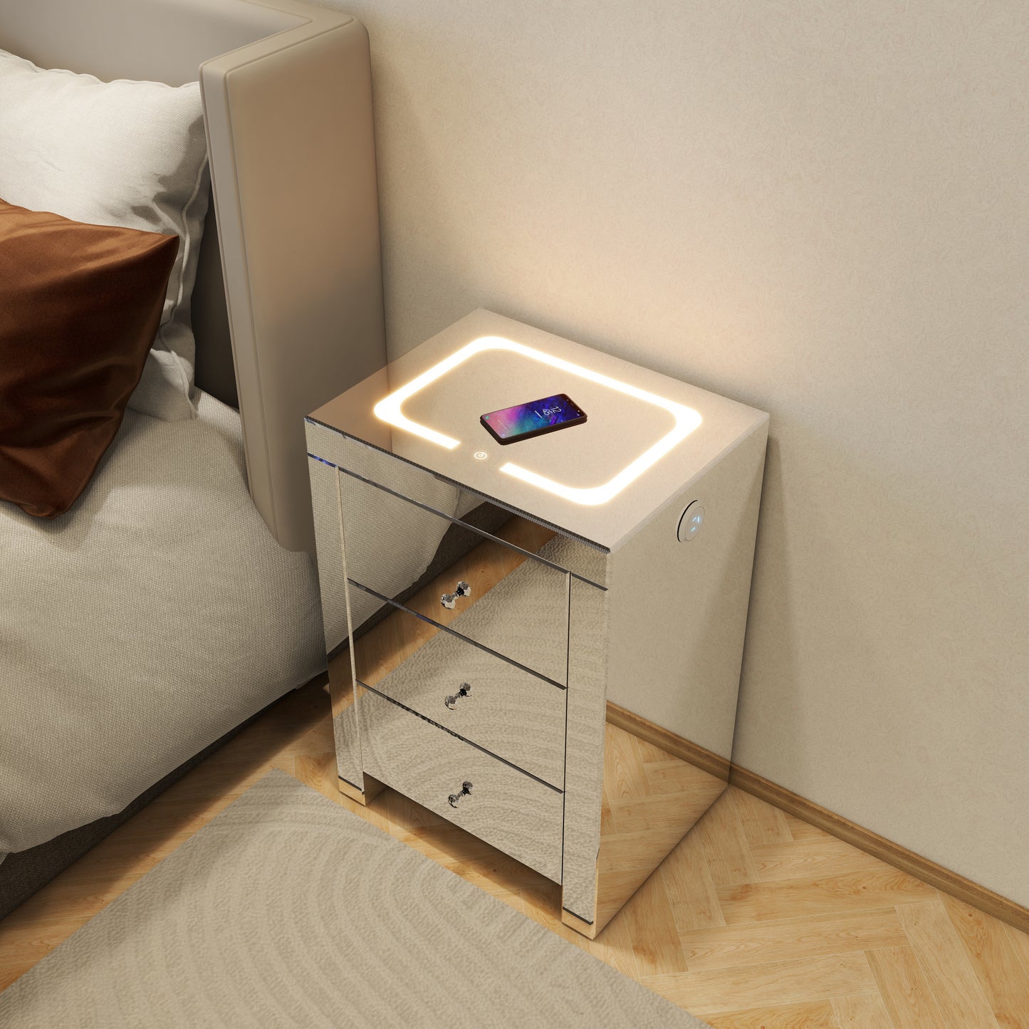 Dax Nightstand with Wireless Charging and Charging Ports - Silver