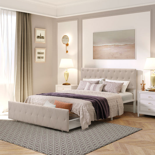 Apex Queen Size Storage Bed Metal Platform Bed with Drawer - Beige