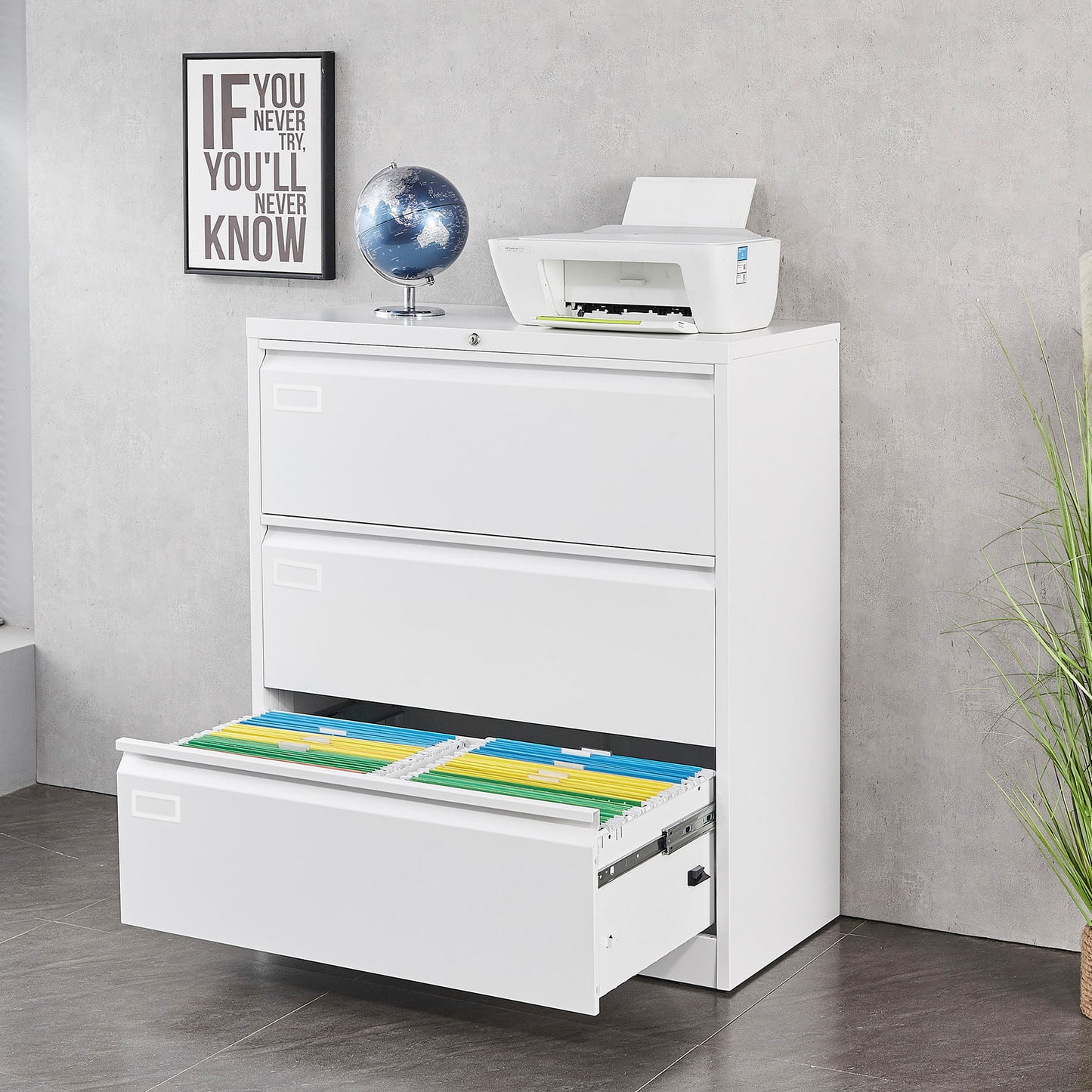 Steel 3 Drawer Lateral Filing Cabinet - White