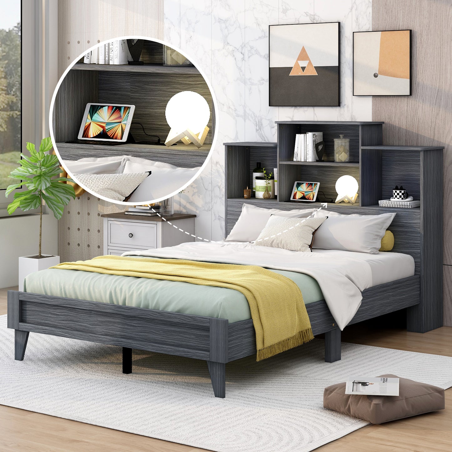 Taz Full Size Platform Bed Frame with 4 Open Storage Shelves - Gray