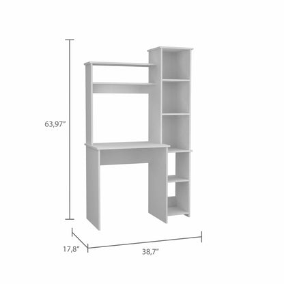 Pureline 6-Shelf Writing Desk with Integrated Bookcase - White