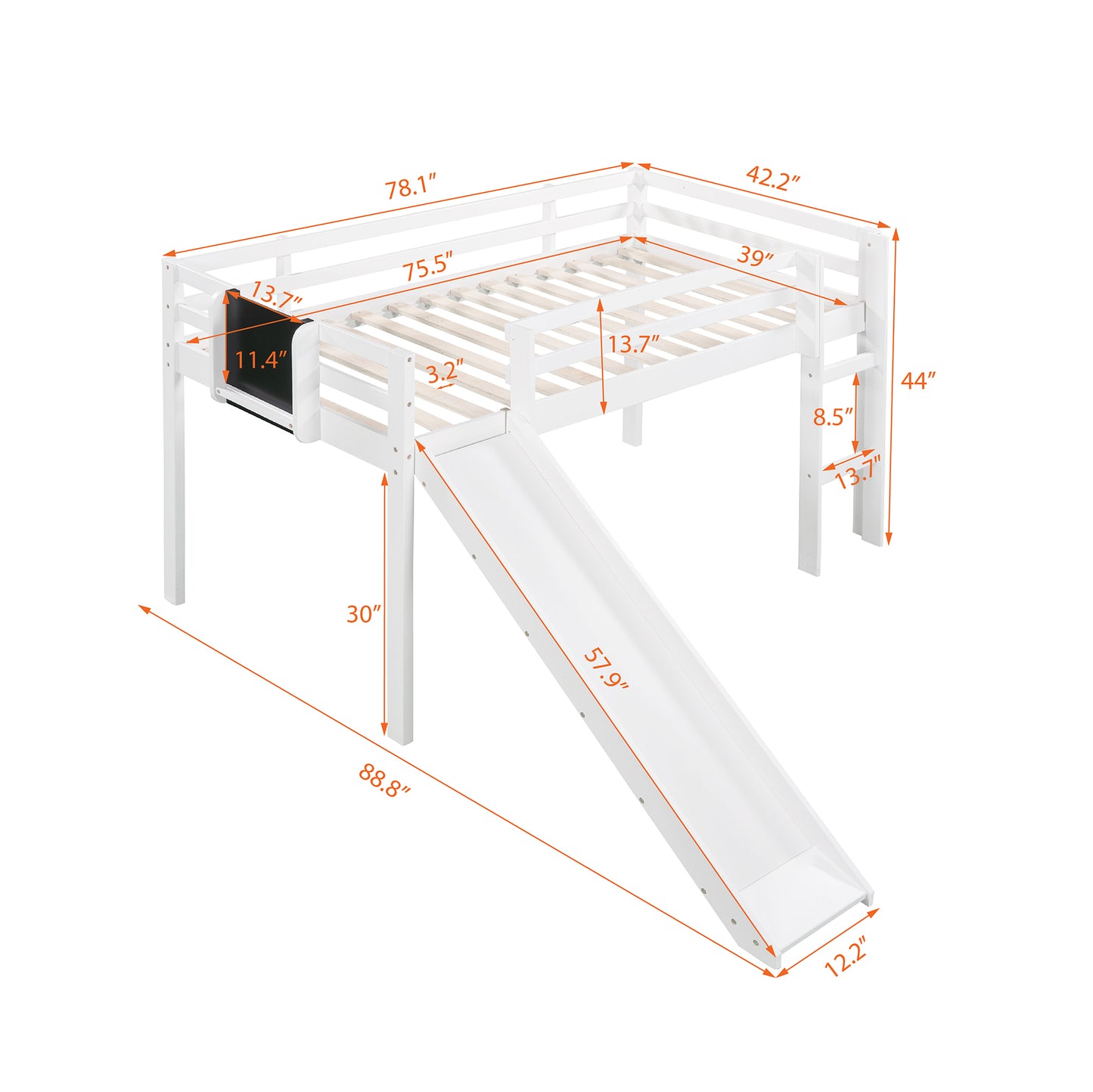 Wonderful White Twin Loft Bed with Slide, Stair and Chalkboard