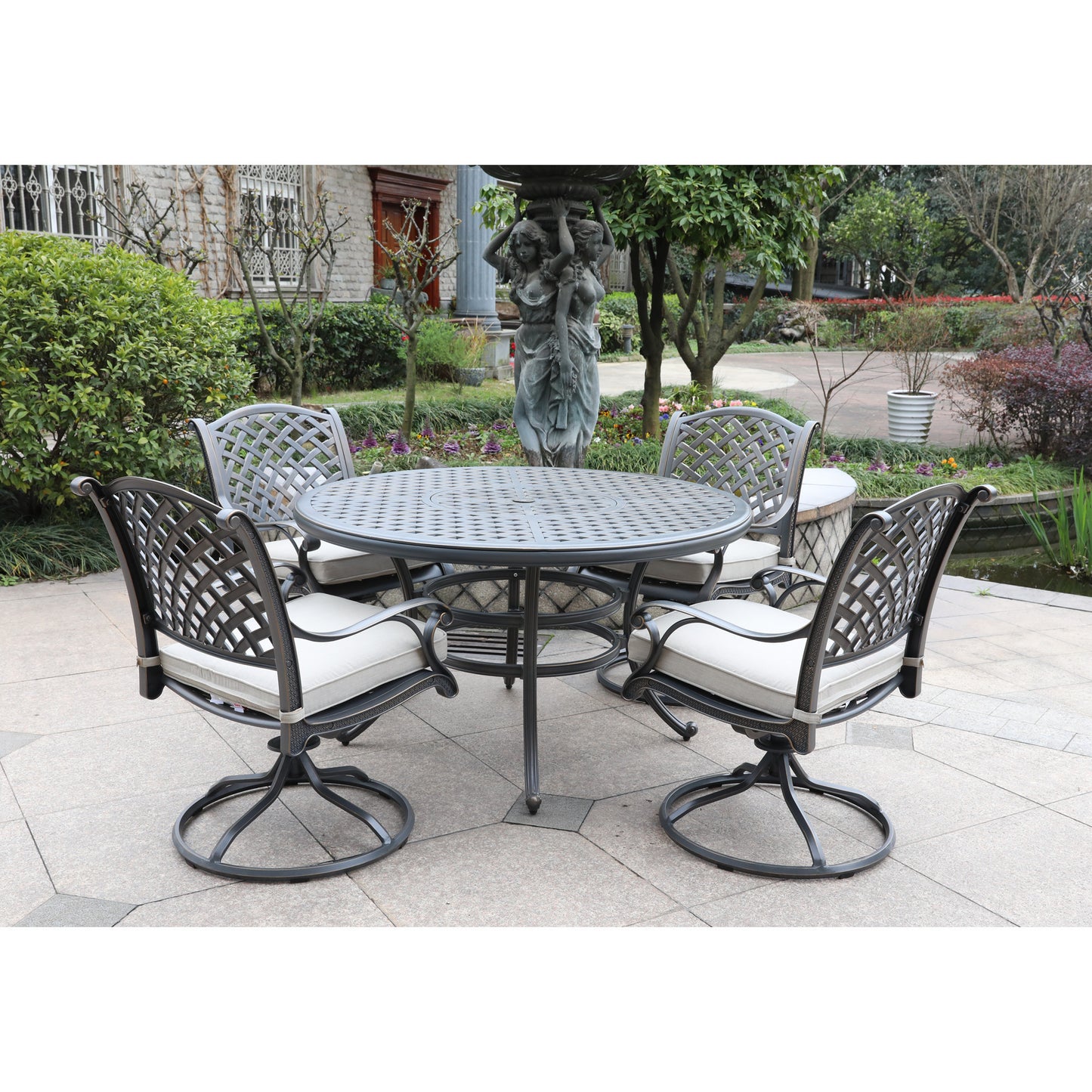 Neda 5 Pc Aluminum Round Dining Set with Cushions - Navy Blue