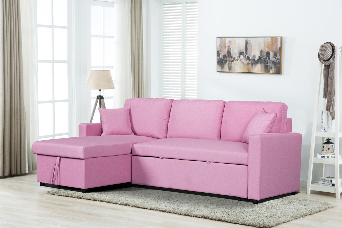 Paisley Linen Fabric Reversible Sleeper Sectional Sofa with Storage - Pink