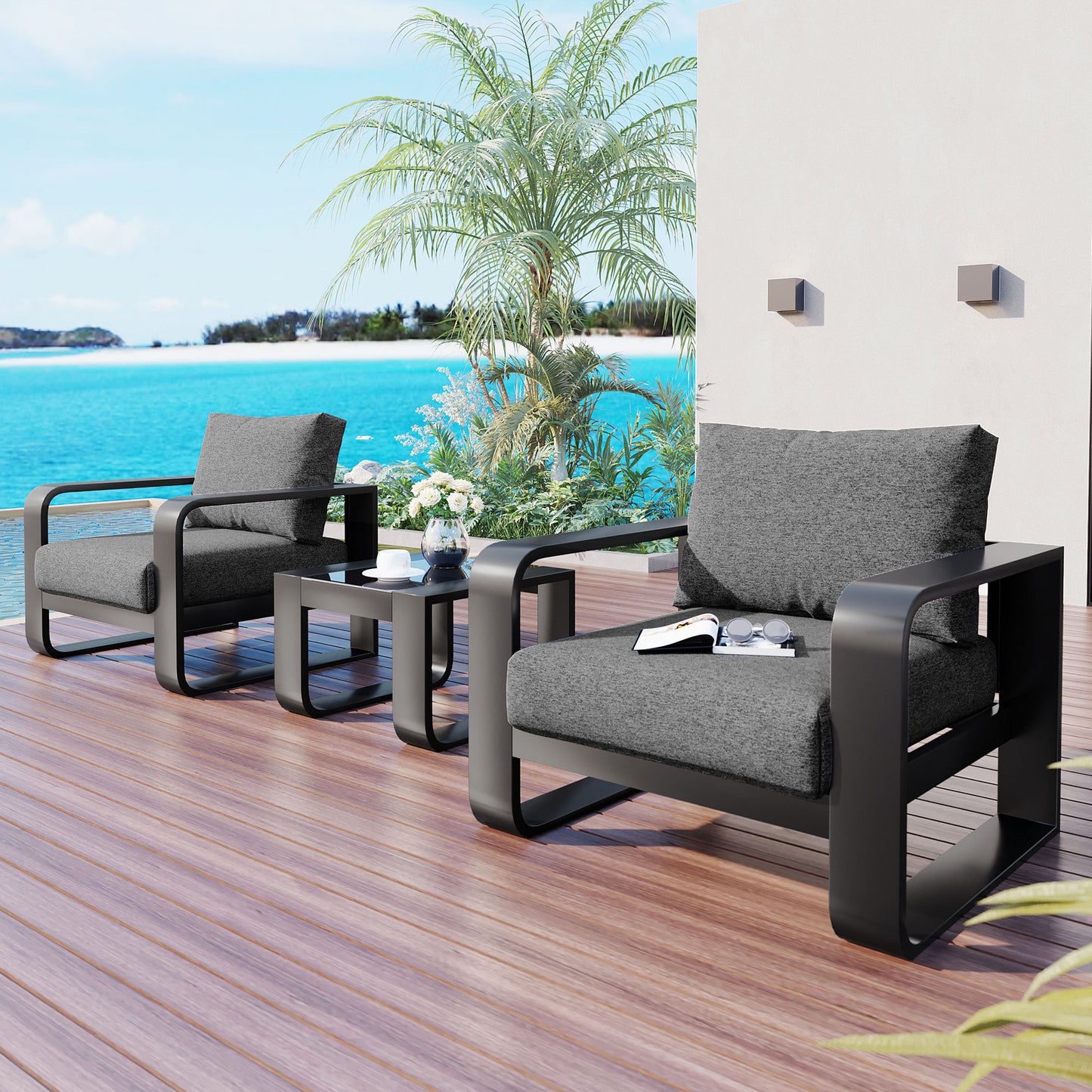 Abel 3 Pc Aluminum Frame Patio Sofa Set - Black+Gray