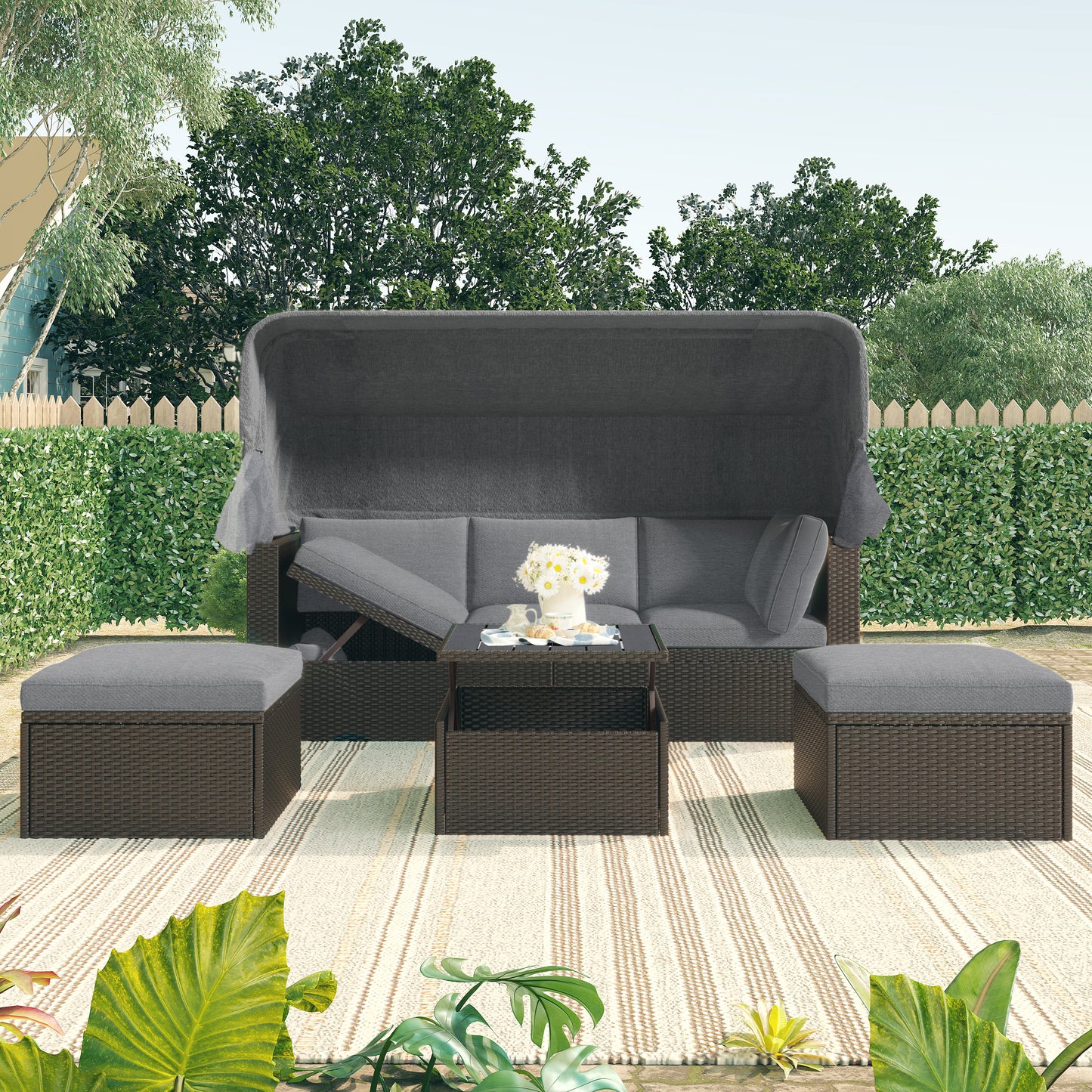 Getta Outdoor Patio Rectangle Daybed with Retractable Canopy - Gray