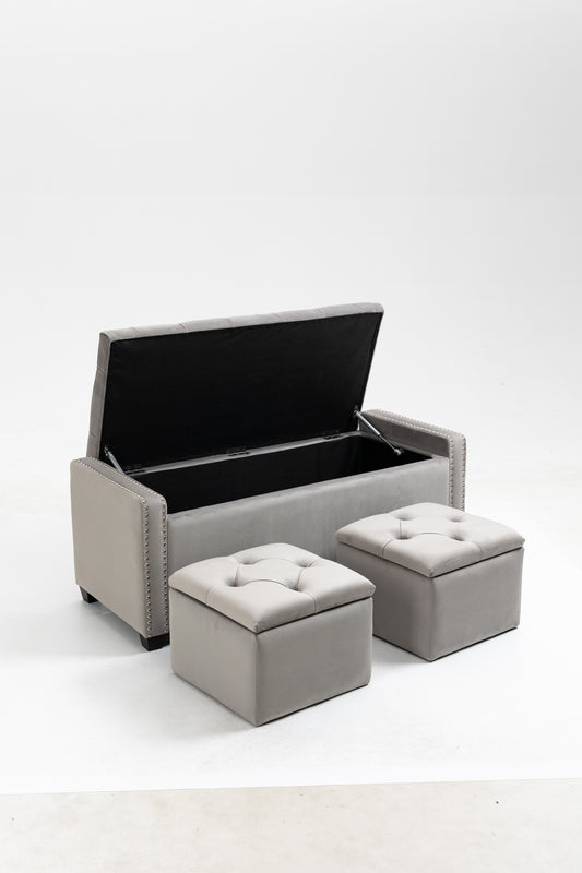 Upholstered Storage Ottoman  Set with Tufted Top and Solid Wood Legs  - Gray