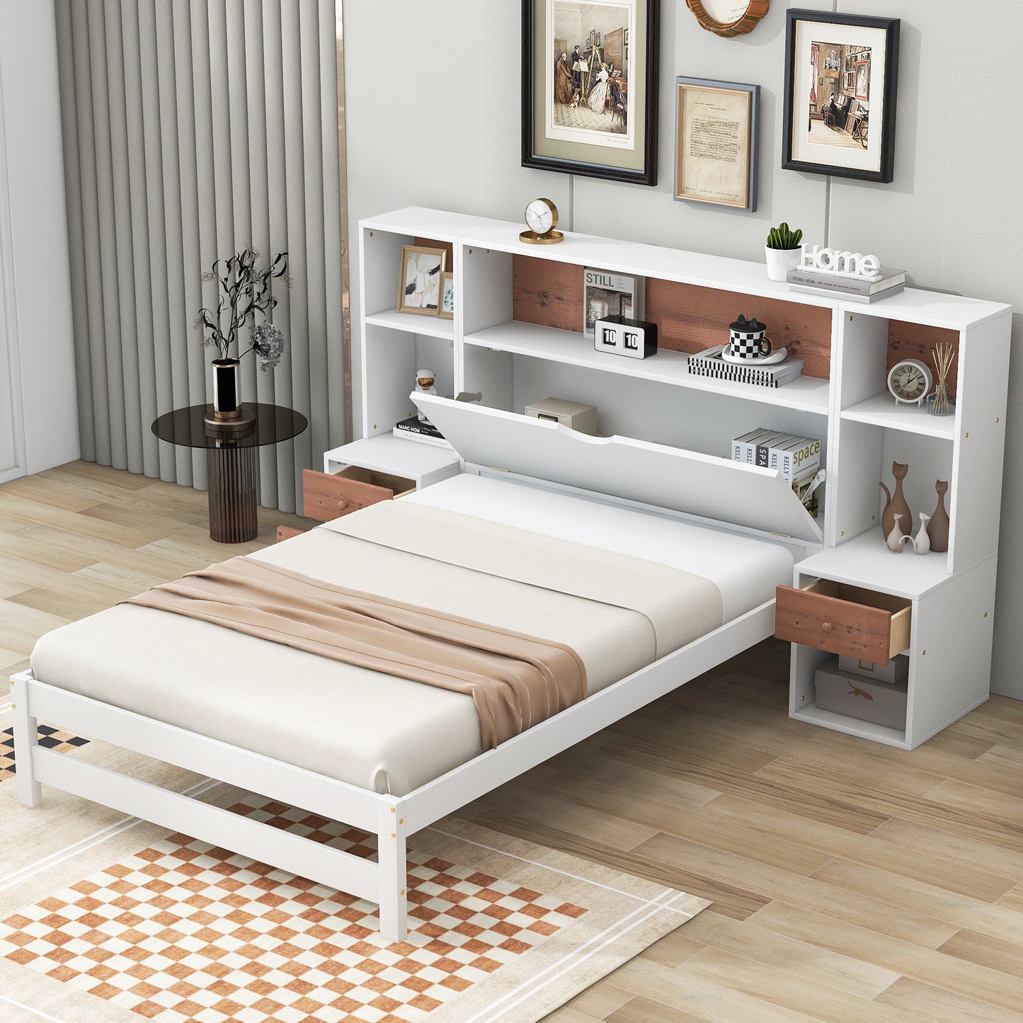 Jo Twin Size Platform Bed w Storage Headboard and Drawers - White