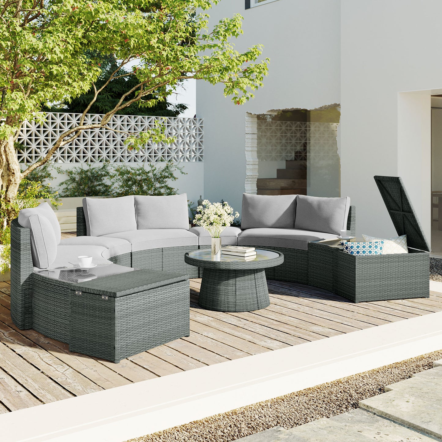 Clarkson 10 Pc Patio Rattan Half Round Sectional Sofa Set - Light Gray