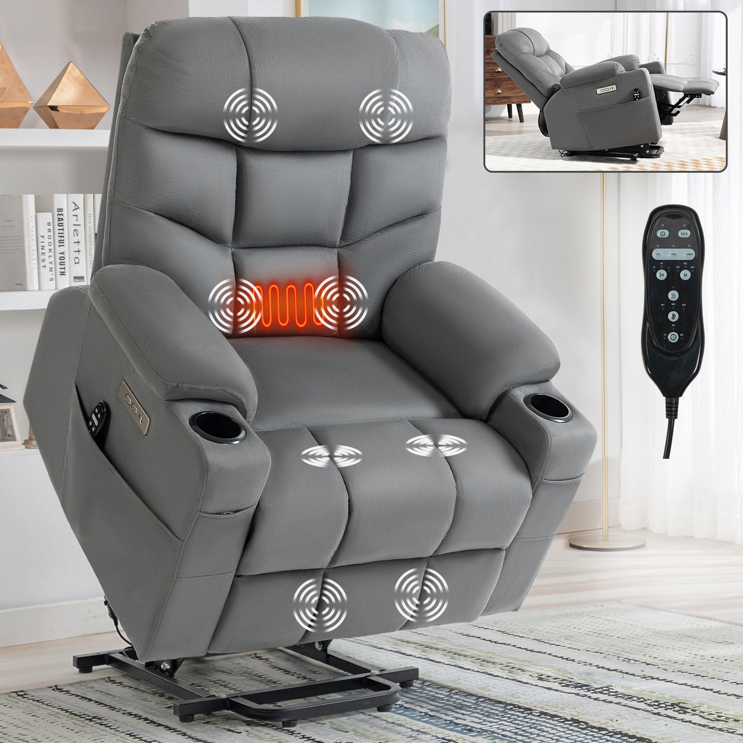 Okin II Power Lift Fabric Recliner Chair with Massage & Heat - Grey