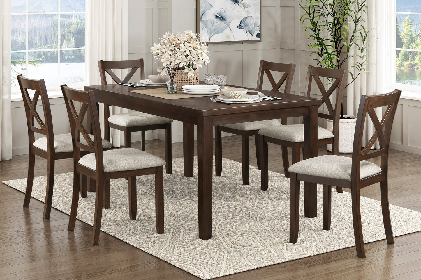 Vargas 7pc Wooden Dining Set  Dining Table and Beige Side Chairs - Cherry