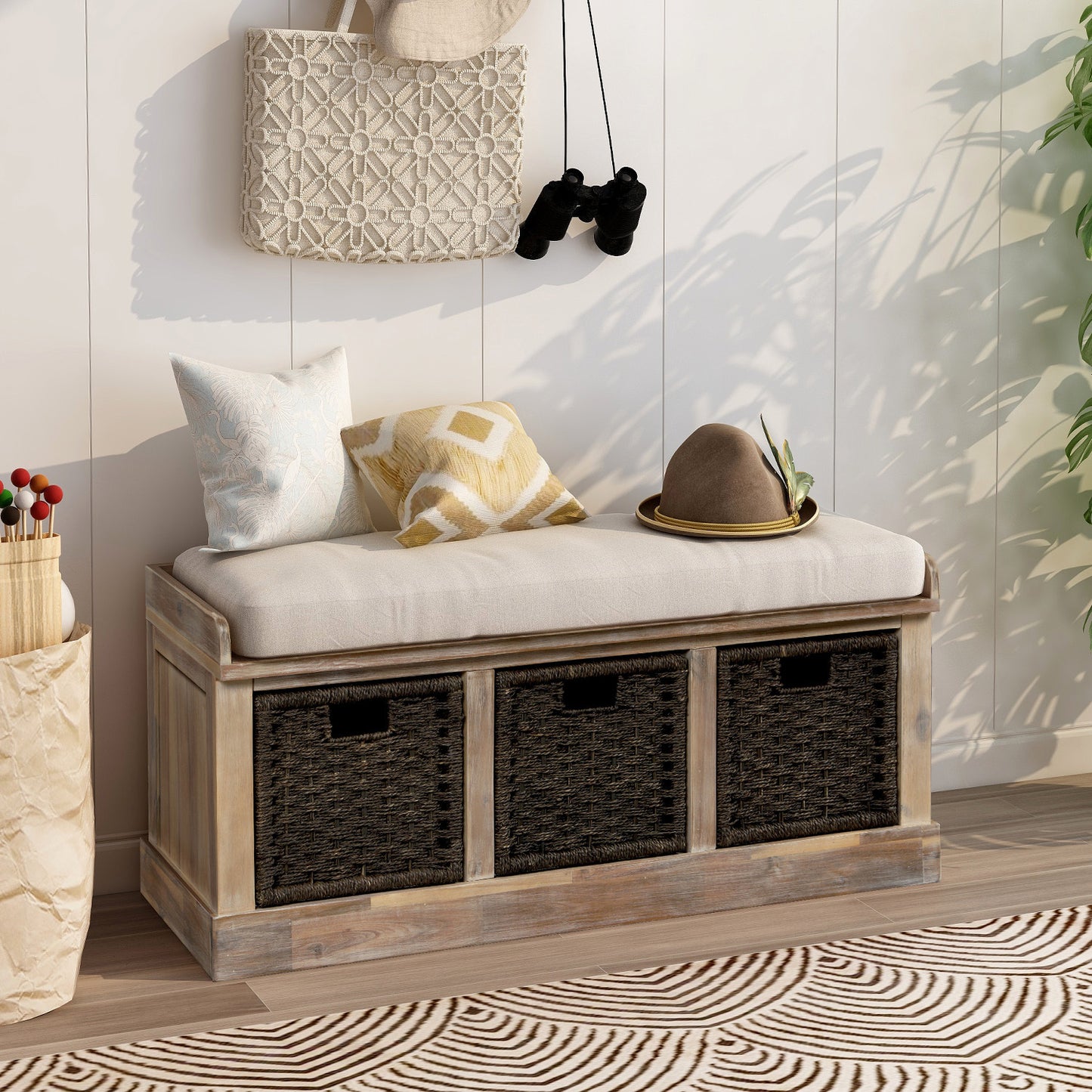 Bella Storage Bench with 3 Removable Classic Rattan Basket - White Washed