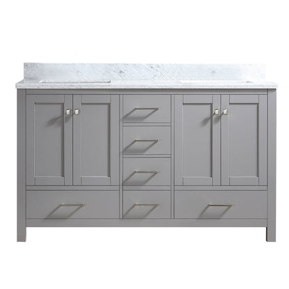 60" Double Bathroom Vanity in Grey with Carrara Marble Top with White Basin