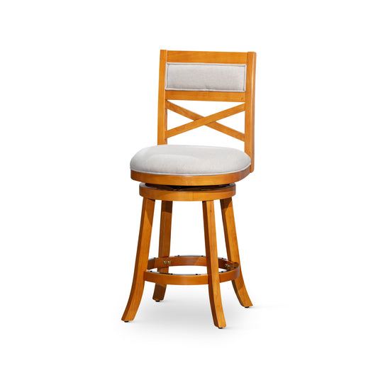 Counter Height X-Back Swivel Stool, Natural Finish, Beige Fabric Seat