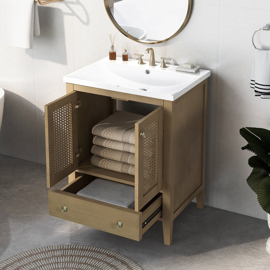 24" Bathroom Vanity with Ceramic Basin, Rattan Bathroom Storage Cabinet with Two Doors and Drawer, Solid Frame, Natural