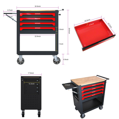 Master 4 Drawers Multifunctional Tool Cart With Wheels and Wooden Top