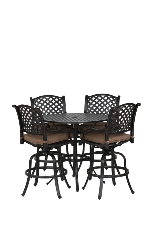 Neda 5 Pc 42" Aluminum Round Bar Height Dining Set with Cushions - Brown