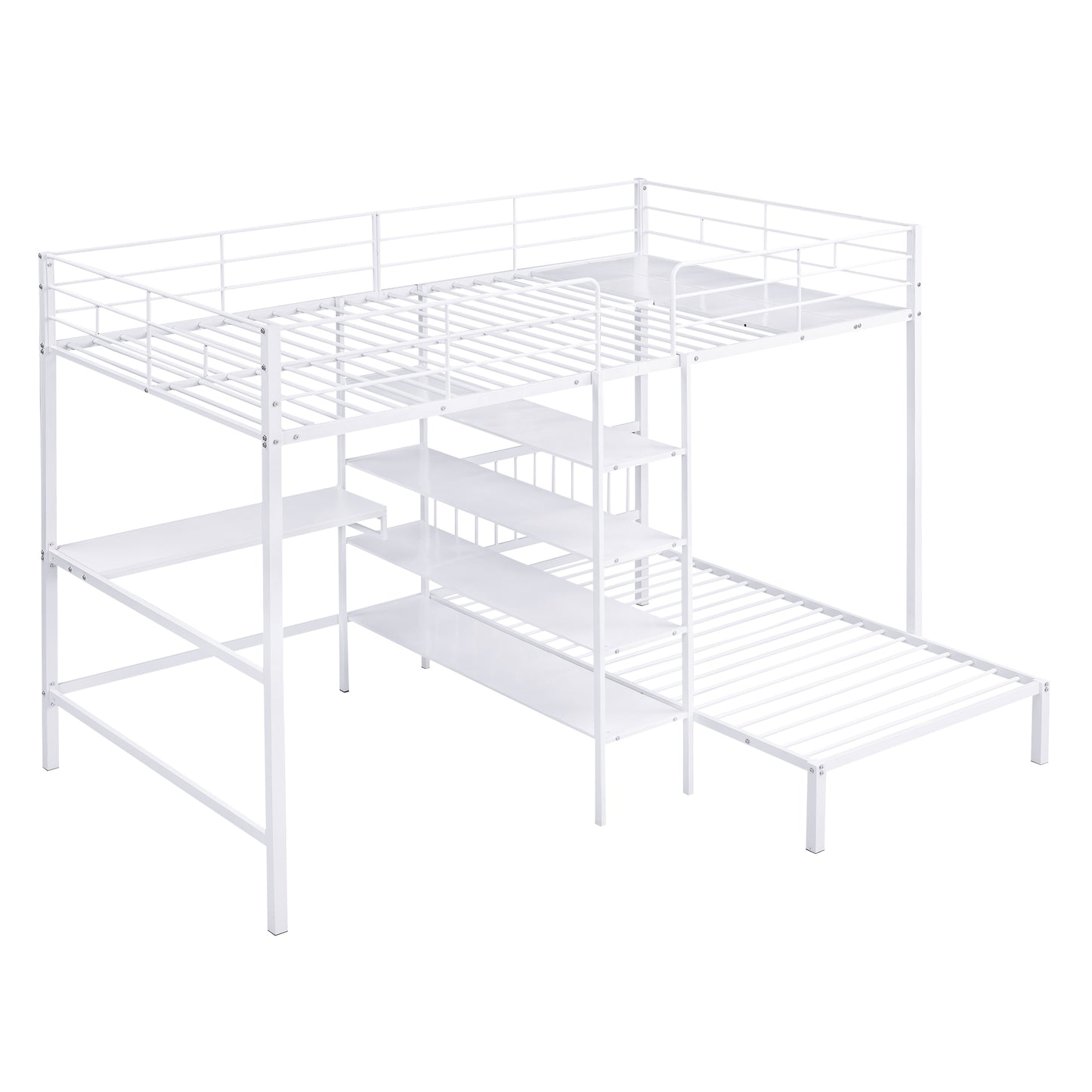 Harmony Haven Twin Loft Bed with Integrated Desk, Storage, and Staircase, Snow White