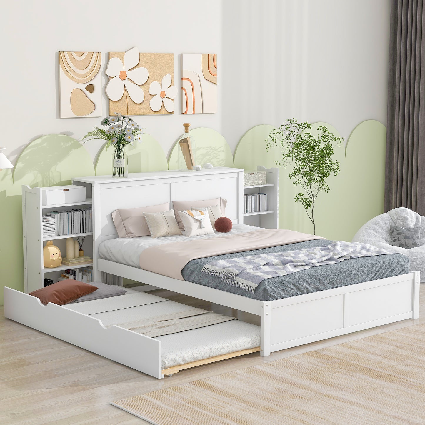 JR Queen Size Platform Bed w Pull Out Twin XL Size Trundle - White