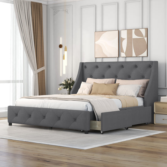 Jamu Queen Size Platform Bed with Wingback Headboard - Gray