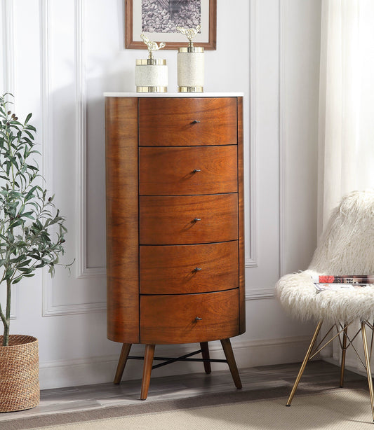 Elegant Marble Walnut Chest of 5 Drawers