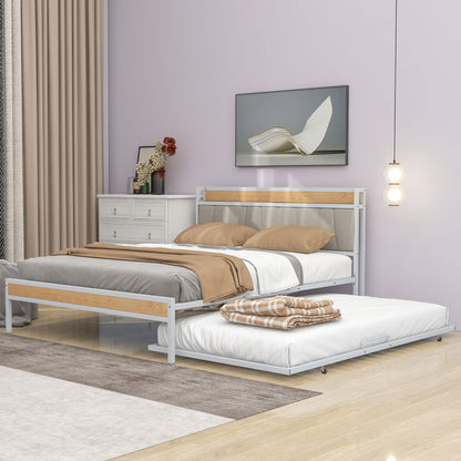 Quest Queen Size Metal Platform Bed Frame with Trundle - White