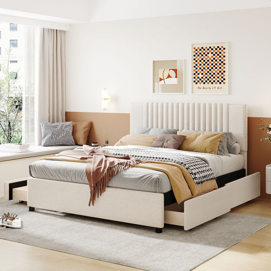 Novy Queen Size Platform Bed with Twin XL Size Trundle - Beige