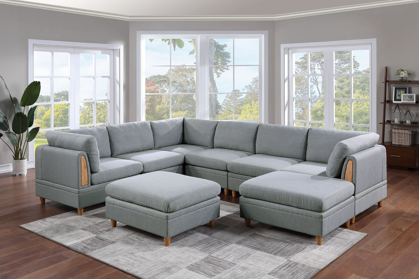 Elena 8pc Sectional Sofa Set  Dorris Fabric Couch 3x Wedges 3x Armless Chair And 2x Ottomans - Light Grey