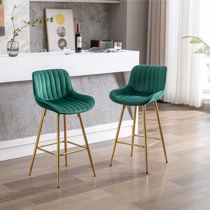 26 Inch Vista Bar Stools with Chrome Footrest  Velvet Fabric  Golden Leg - Green  Set of 2