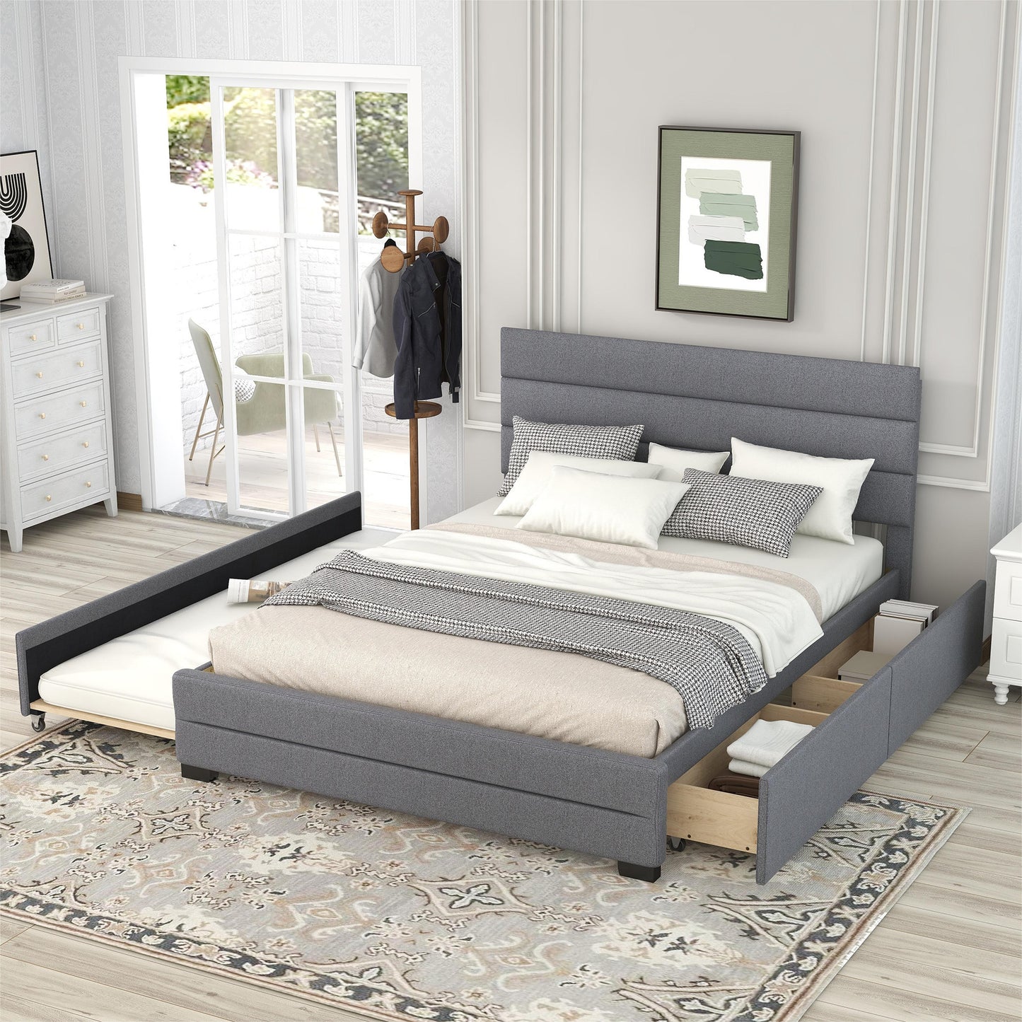 Eira Queen Size Upholstered Platform Bed with Trundle - Grey