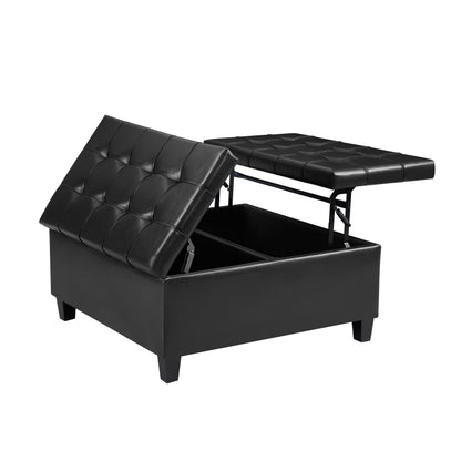 Square Faux Leather Storage Ottoman - Black