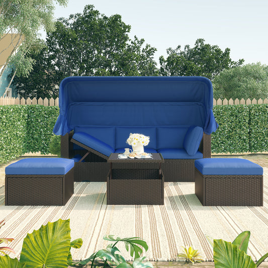 Getta Outdoor Patio Rectangle Daybed with Retractable Canopy - Blue