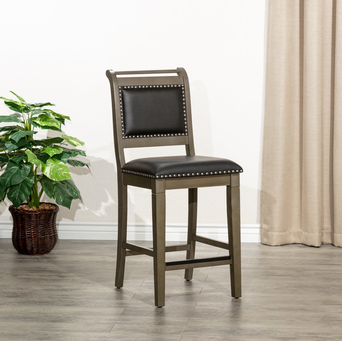 Viva Counter Stool, Weathered Gray Finish, Black Leather Seat