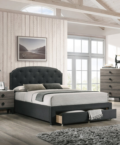 Emporium Twin Size Bed w Drawer Button Tufted - Charcoal