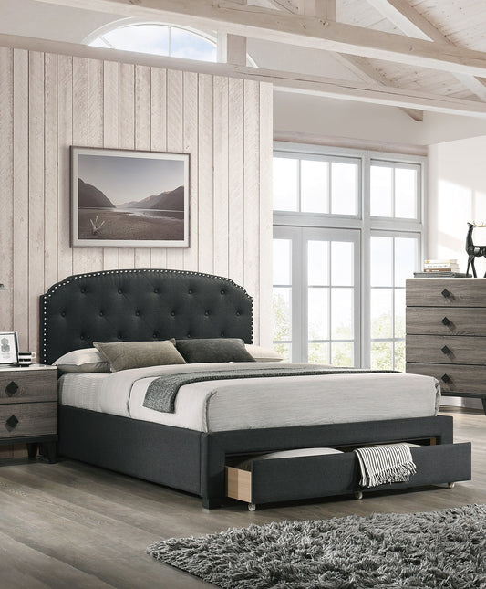 Emporium Queen Size Bed w Drawer Button Tufted - Charcoal