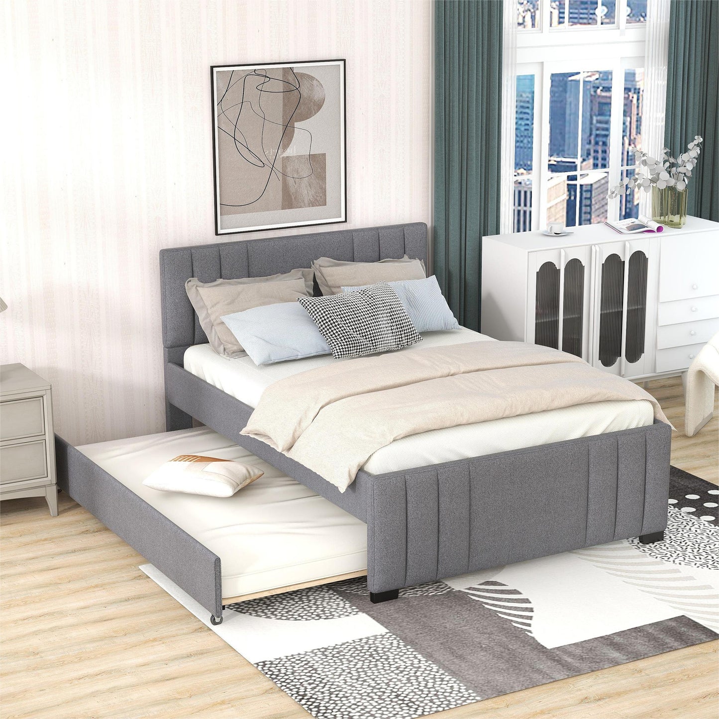 Eira Full Size Upholstered Platform Bed with Trundle - Grey