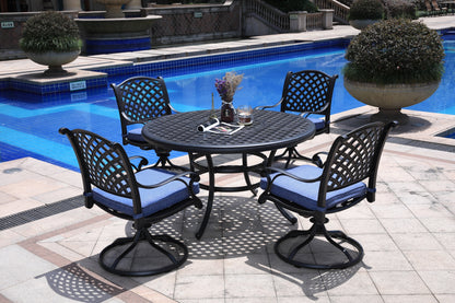 Neda 5 Pc 52" Aluminum Powder Coated Round Dining Set with Cushions - Navy Blue