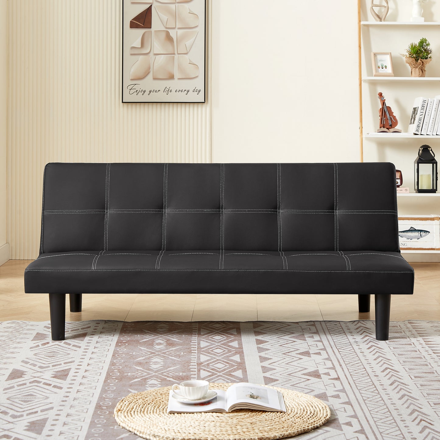 Bruno Black PU Convertible  Sofa Bed - Black