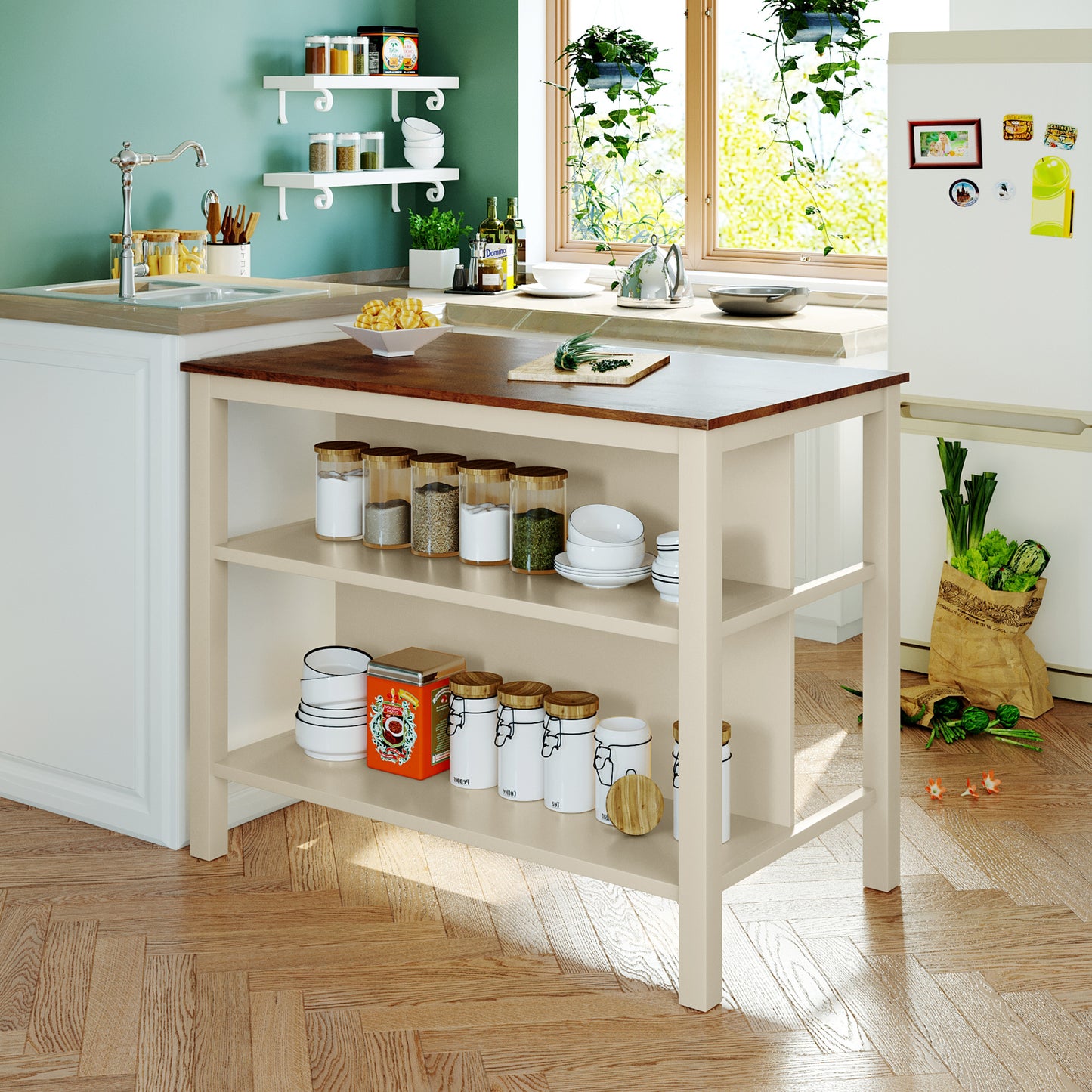 Countryside Solid Wood Rustic 45" Stationary Kitchen Island - Cream