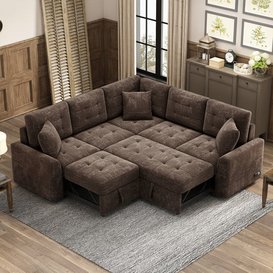 Novak L-shape Sofa Bed Pull-out Sleeper Sofa with Wheels - Brown