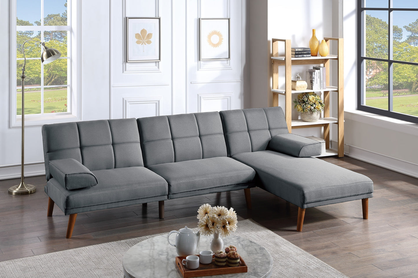 Jovan 2pc Sectional Sofa Set  Solid wood Legs Tufted Couch - Blue Grey