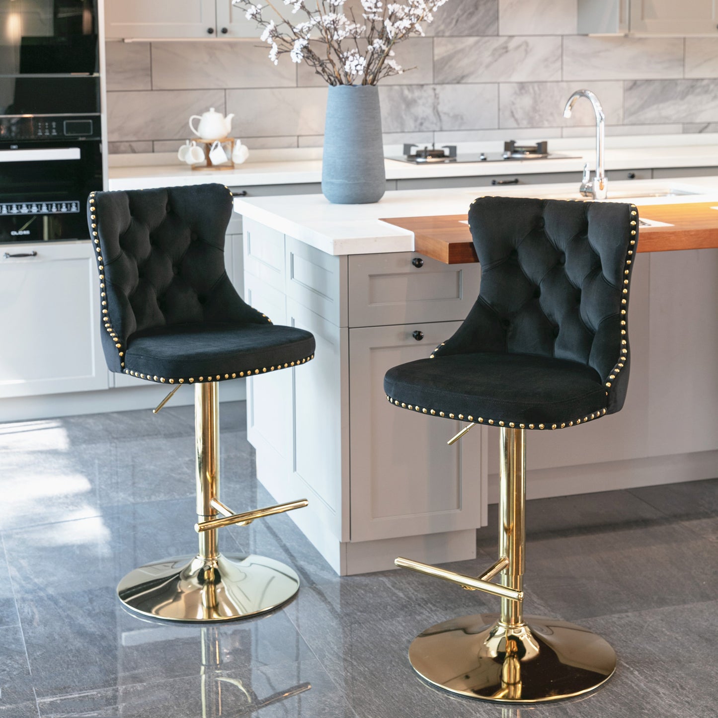 Stellar Golden Swivel Velvet Barstools Adjusatble Height - Black Set of 2