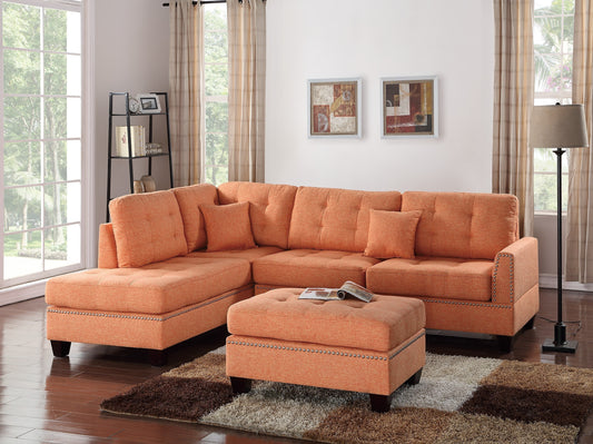 Amara 3pcs Sectional Reversible Chaise Sofa And Ottoman - Orange