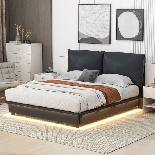 Veda Queen Size Upholstered Platform Bed with Sensor Light - Black