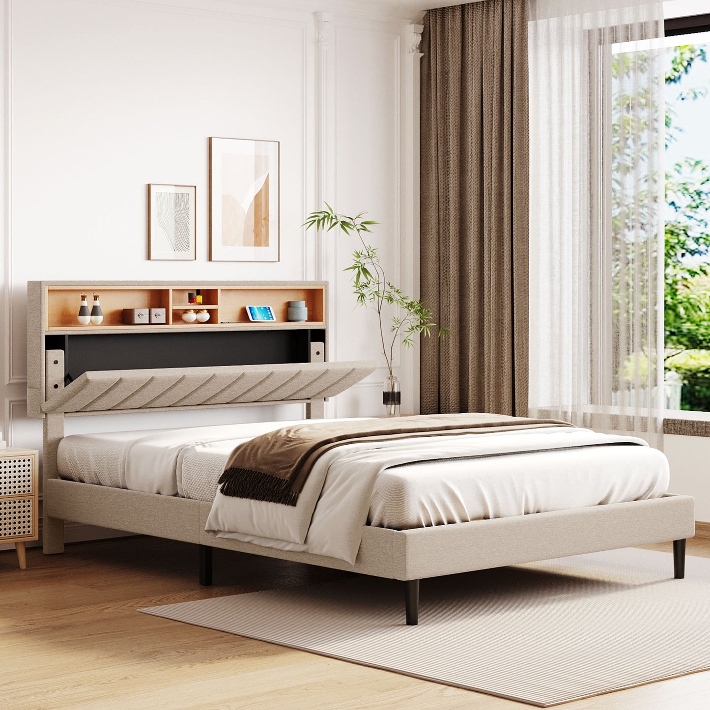 Alvin Queen Size Platform Bed Frame - Beige