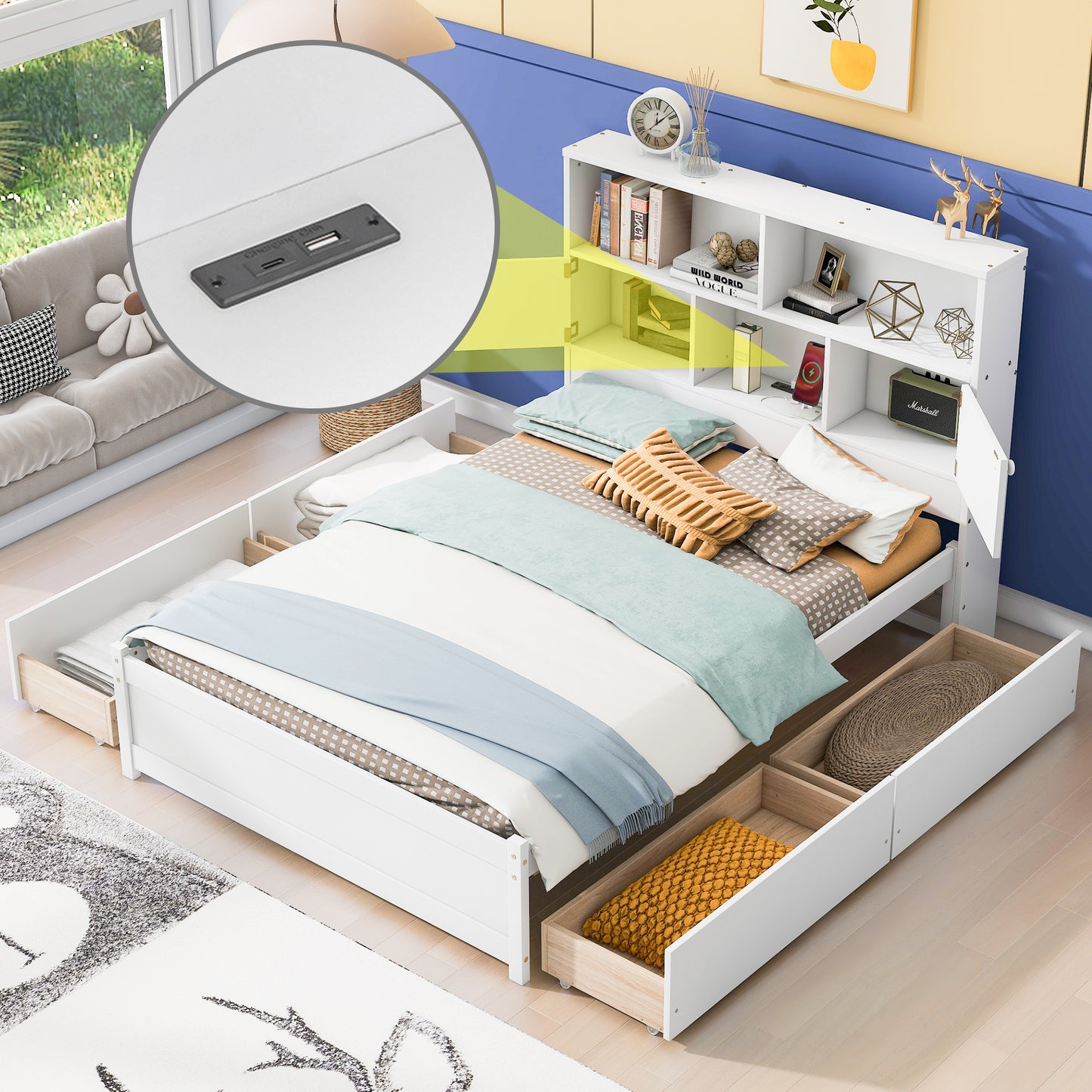 Jazz Full Size Platform Bed w 4 Drawers - White